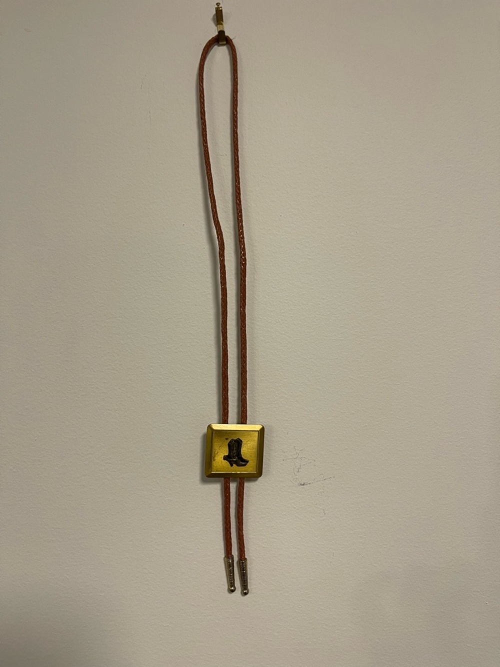 Western Style Bolo Tie Brass Square Slide Cowboy Boot Braided Leather Cord EUC